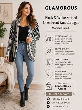 Glamorous Black & White Striped Open Front Knit Cardigan – Women’s Small